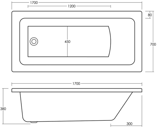 Technical image of Ultra Baths Beacon Single Ended Eternalite Acrylic Bath. 700x1700mm.