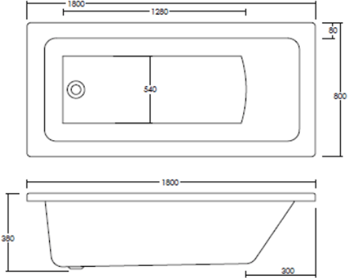 Technical image of Ultra Baths Beacon Single Ended Eternalite Acrylic Bath. 800x1800mm.