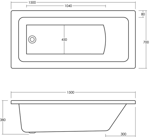 Technical image of Ultra Baths Beacon Single Ended Acrylic Bath. 700x1500mm (5mm).