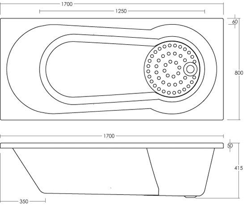 Technical image of Hudson Reed Baths Keyhole Shower Bath. 1700x800mm.