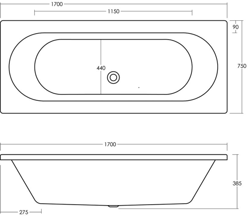 Technical image of Ultra Baths Coast Double Ended Eternalite Acrylic Bath. 750x1700mm.