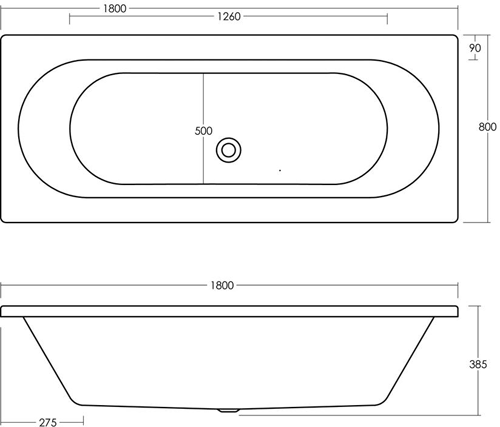 Technical image of Ultra Baths Coast Double Ended Eternalite Acrylic Bath. 800x1800mm.