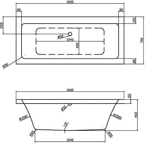 Technical image of Hudson Reed Baths Double Ended Acrylic Bath. 1600x700mm.