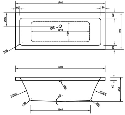 Technical image of Hudson Reed Baths Double Ended Acrylic Bath. 1700x700mm.