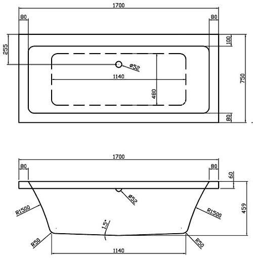 Technical image of Hudson Reed Baths Double Ended Acrylic Bath & White Panels. 1700x750mm