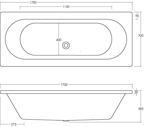 Technical image of Hudson Reed Baths Deuce Round Double Ended Acrylic Bath. 1700x700mm.