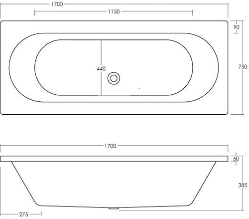 Technical image of Hudson Reed Baths Deuce Round Double Ended Acrylic Bath. 1700x750mm.