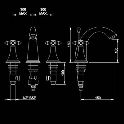 Technical image of Hudson Reed Lowry 3 tap hole basin mixer with cross heads + free pop up waste