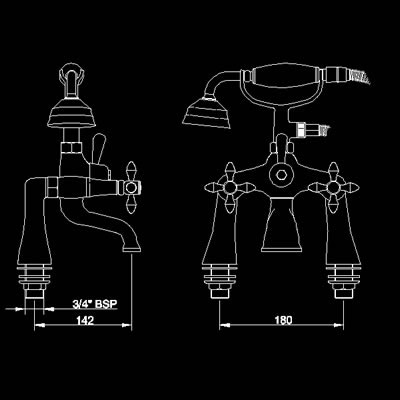 Technical image of Hudson Reed Lowry Bath shower mixer with cross heads