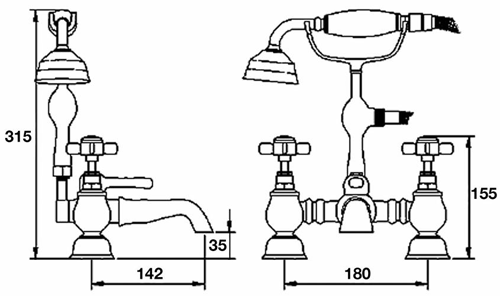 Technical image of Nuie Beaumont Bridge Basin & Bath Shower Mixer Tap Pack (Chrome).