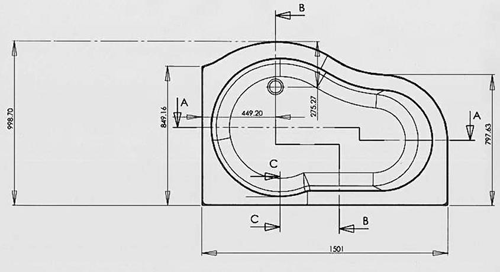 Technical image of Ultra Baths Estuary Corner Bath. (Left Handed) 850x1500mm.