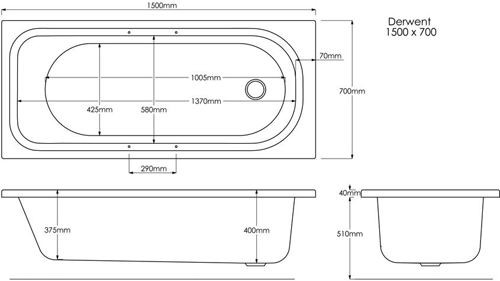 Technical image of Ultra Baths Levee Single Ended Bath With Grips. 700x1500mm.