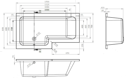 Technical image of Crown Baths Square 1500mm Shower Bath Only (Left Handed).