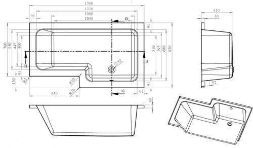 Technical image of Crown Baths Square 1500mm Shower Bath Only (Right Handed).