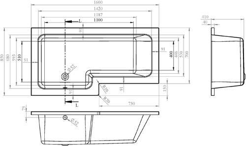 Technical image of Crown Baths Square 1600mm Shower Bath Only (Left Handed).