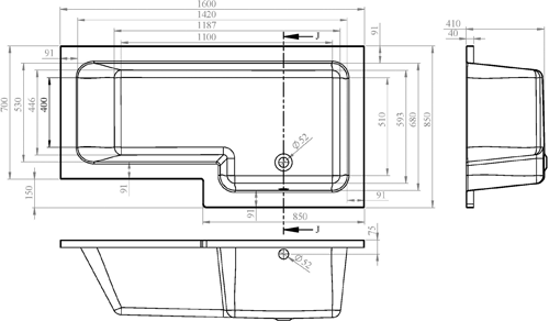 Technical image of Crown Baths Square 1600mm Shower Bath Only (Right Handed).