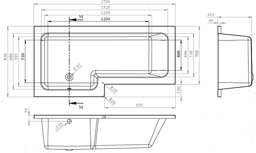Technical image of Crown Baths Square 1700mm Shower Bath Only (Left Handed).