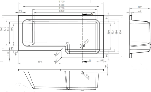 Technical image of Crown Baths Square 1700mm Shower Bath Only (Right Handed).