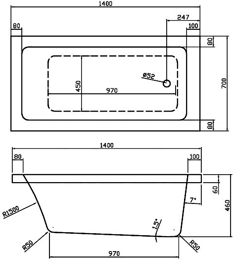 Technical image of Hudson Reed Baths Single Ended Acrylic Bath. 1400x700mm.