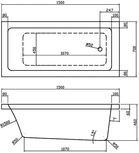 Technical image of Hudson Reed Baths Single Ended Acrylic Bath. 1500x700mm.