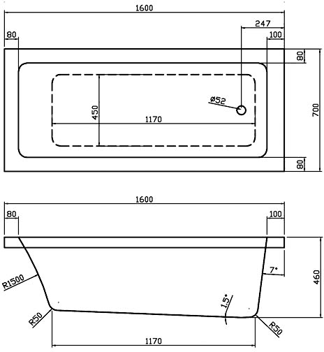 Technical image of Hudson Reed Baths Single Ended Acrylic Bath. 1600x700mm.