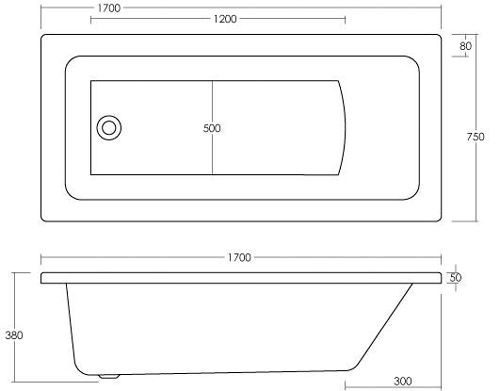 Technical image of Hudson Reed Baths Mono Square Single Ended Acrylic Bath. Size 1700x750mm.