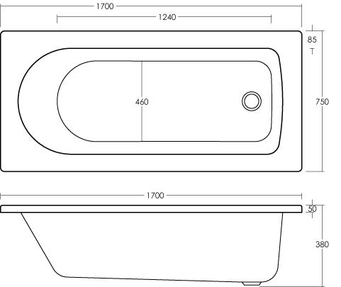 Technical image of Hudson Reed Baths Single Ended Acrylic Bath. 1700x750mm.