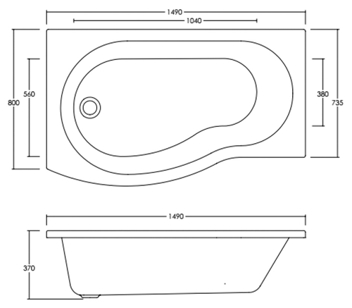Technical image of Crown Baths B-Shape 1500mm Shower Bath Only (Left Handed).