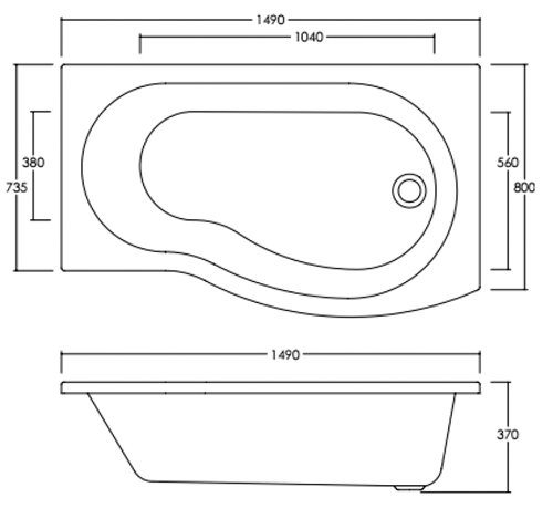 Technical image of Crown Baths B-Shape 1500mm Shower Bath Only (Right Handed).
