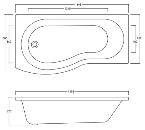 Technical image of Crown Baths B-Shape 1700mm Shower Bath Only (Left Handed).