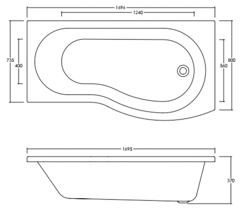 Technical image of Crown Baths B-Shape 1700mm Shower Bath Only (Right Handed).