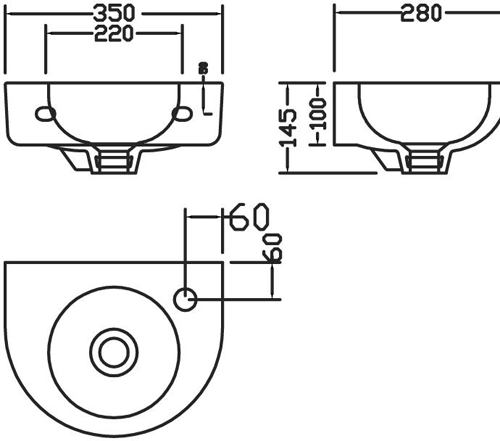 Technical image of Premier Brisbane Toilet & 350mm Curved Fronted Wall Hung Basin Pack.