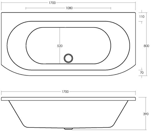 Technical image of Nuie Luxury Baths Deluxe Double Ended Back To Wall Bath. 1700x800mm.