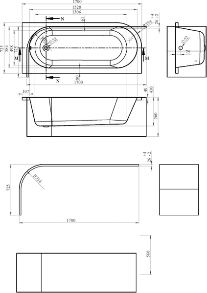 Technical image of Hudson Reed Baths Dahlia Corner Bath & Panel (Right Handed).