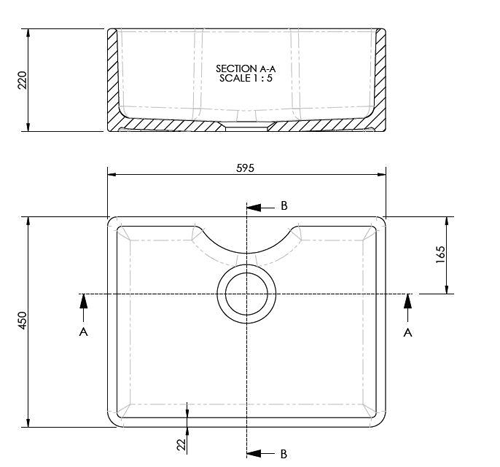 Technical image of Ultra Butler Sinks Staffordshire Butler Sink 220x595x450mm (1 Hole).