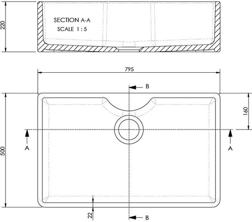 Technical image of Ultra Butler Sinks Oxford Butler Sink 220x795x500mm (1 Hole).