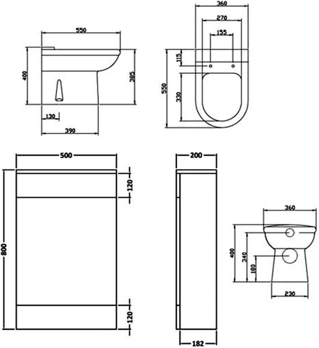 Technical image of Ultra Design Back To Wall WC Unit With Pan, Cistern & Seat (White). 500x800mm.