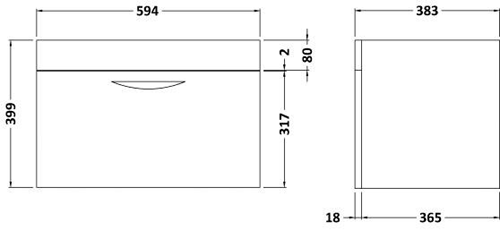 Technical image of Hudson Reed Memoir 600 Wall Hung Vanity Unit & 120 Basin (Grey).