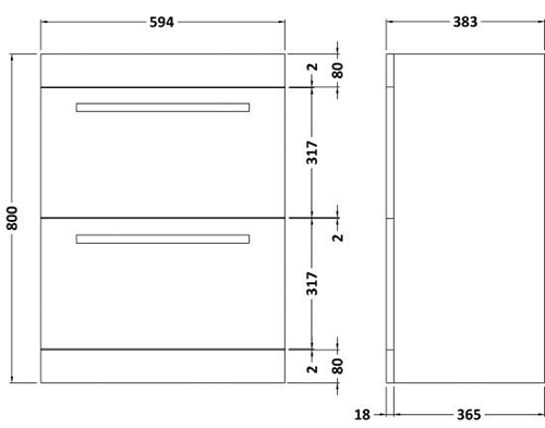 Technical image of Ultra Design Vanity Unit With Option 2 Basin (White). 594x800mm.