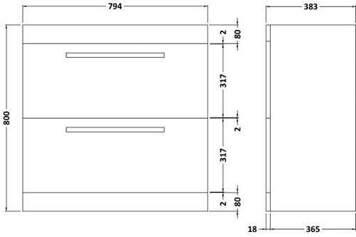 Technical image of Ultra Design Vanity Unit With Option 2 Basin (White). 794x800mm.