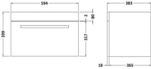 Technical image of Ultra Design Wall Hung Vanity Unit With Option 1 Basin (White). 594x399mm.