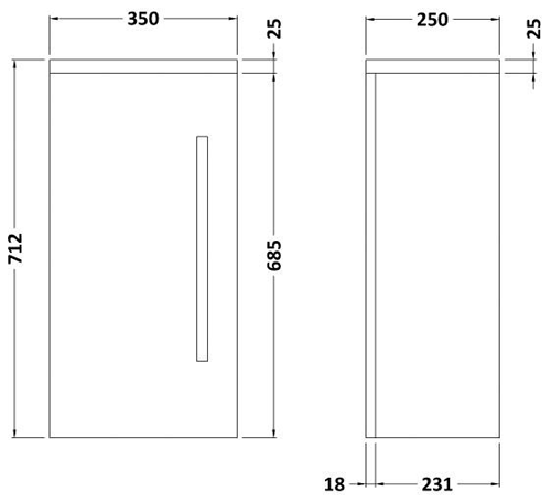 Technical image of Ultra Design Wall Mounted Bathroom Storage Cabinet 350x700 (Brown).