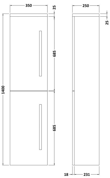 Technical image of Ultra Design Wall Mounted Bathroom Storage Cabinet 350x1400 (Brown).