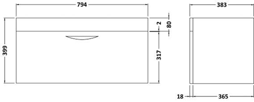 Technical image of Hudson Reed Memoir 800 Wall Hung Vanity Unit & 121 Basin (Blonde Oak).