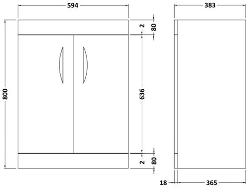 Technical image of Hudson Reed Memoir 600 Vanity Unit With Doors & 122 Basin (Grey).