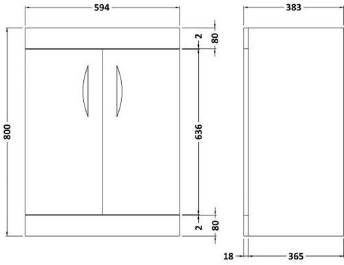 Technical image of Hudson Reed Memoir 600 Vanity Unit With Doors & 122 Basin (Cashmere).