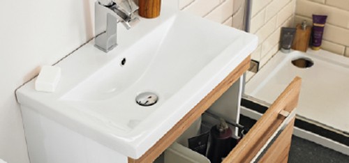 Example image of Ultra Design Vanity Unit With Option 2 Basin (Walnut). 594x800mm.