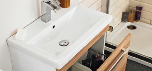 Example image of Ultra Design Wall Hung Vanity Unit With Option 2 Basin (Walnut). 594x399.
