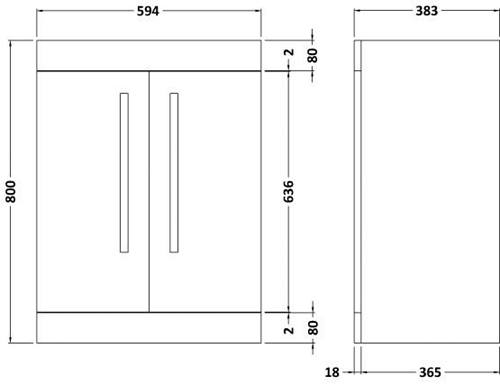 Technical image of Ultra Design Vanity Unit With Doors & Option 1 Basin (Black). 594x800mm.