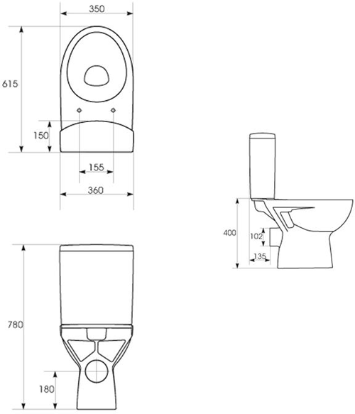 Technical image of Premier Cairo Bathroom Suite With Toilet, 500mm Basin & Semi Ped (1TH).